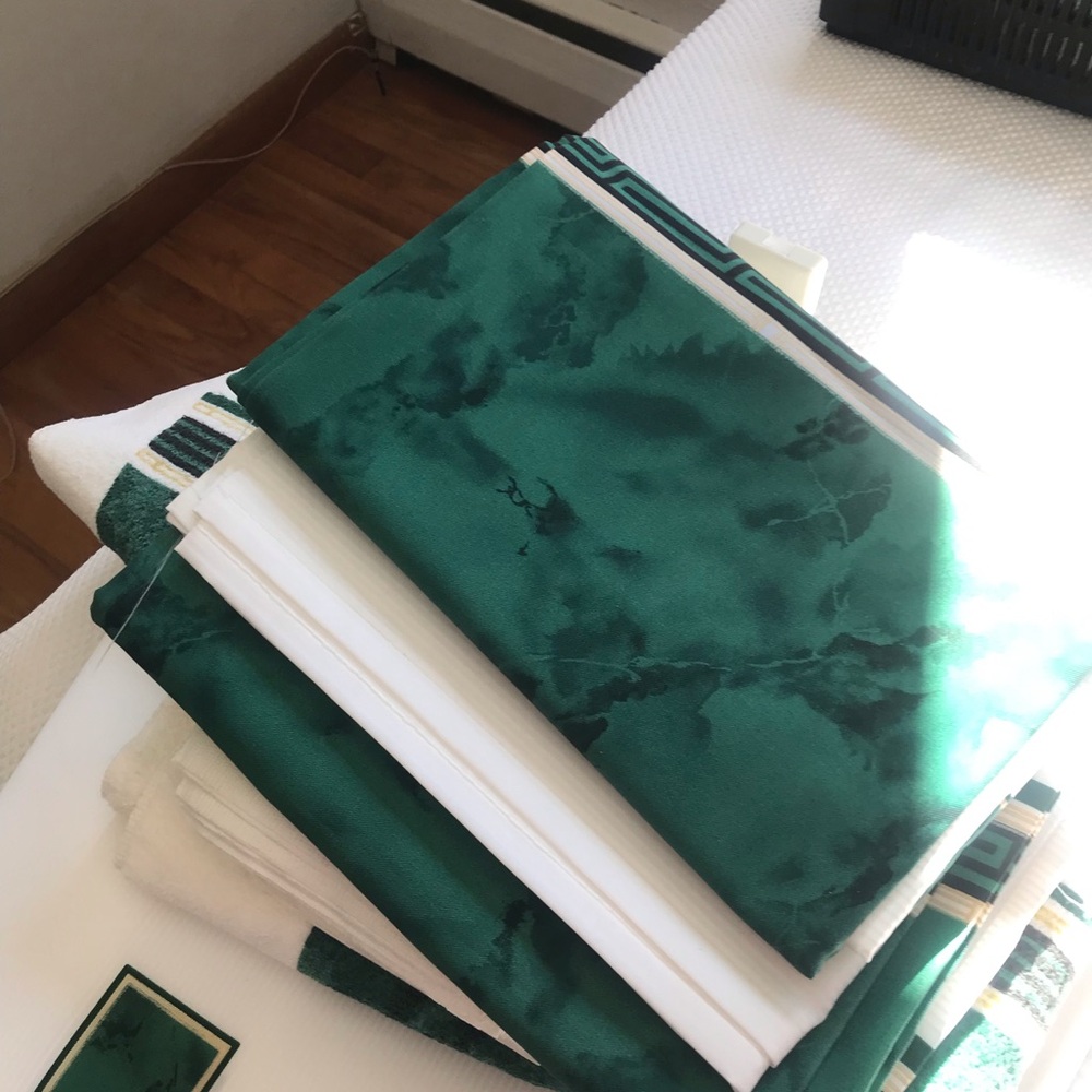 Green and Cream Striped bathroom shower curtain and matching items